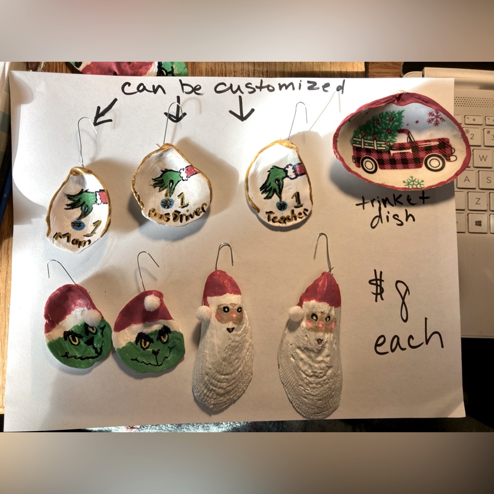 Handmade seashell xmas ornaments or clam dishes, $8 each, grinch hand customized